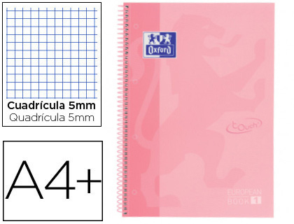 Cuaderno espiral Oxford Book1 A4+ 80h micro c/5mm. tapa extradura rosa pastel